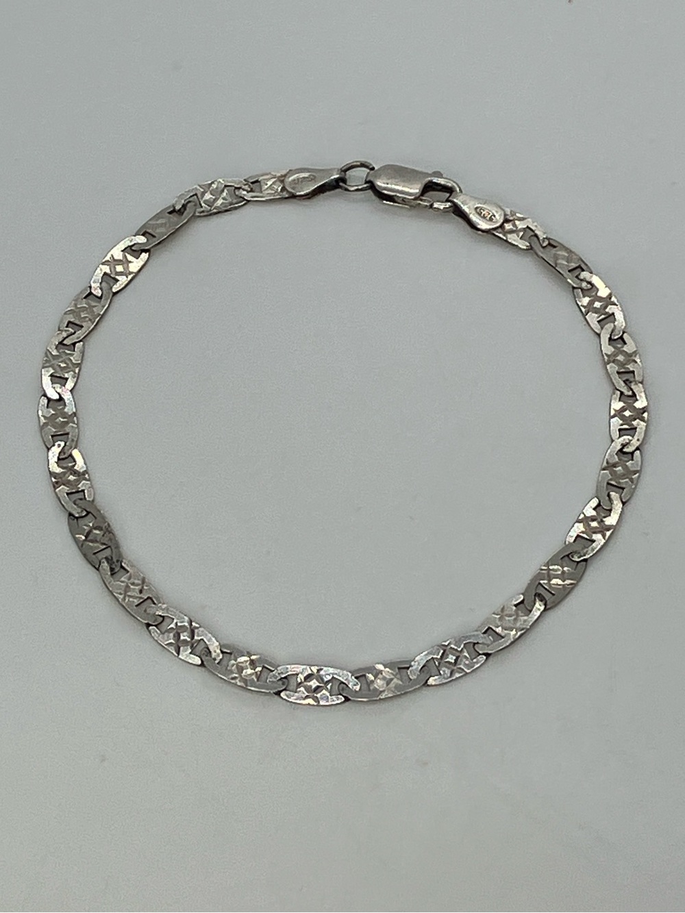 Vtg 925 Sterling Silver Italy Flat Mariner Link Diamond Cut Bracelet | 7.9” L